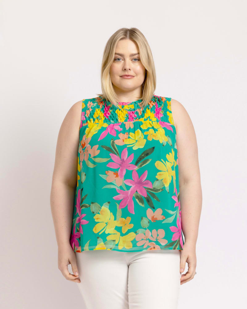 Front of a model wearing a size 3X Bexley Tropical Tank Top in O080 AQUA by Daniel Rainn. | dia_product_style_image_id:293246